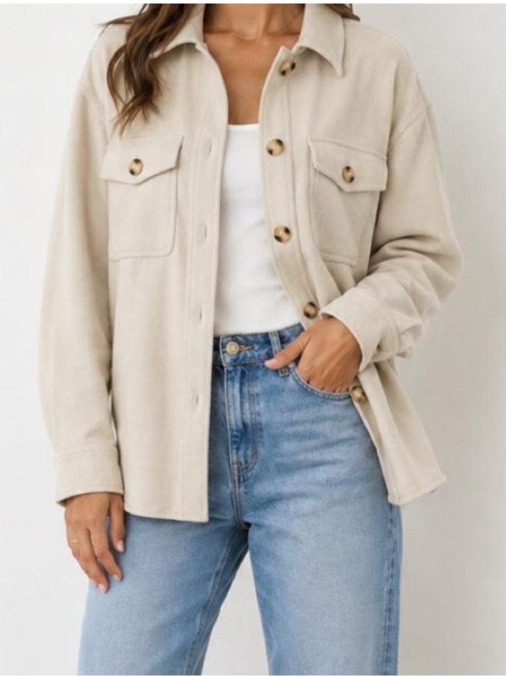Good American Cream Oversized Utility Shacket with Gold Buttons